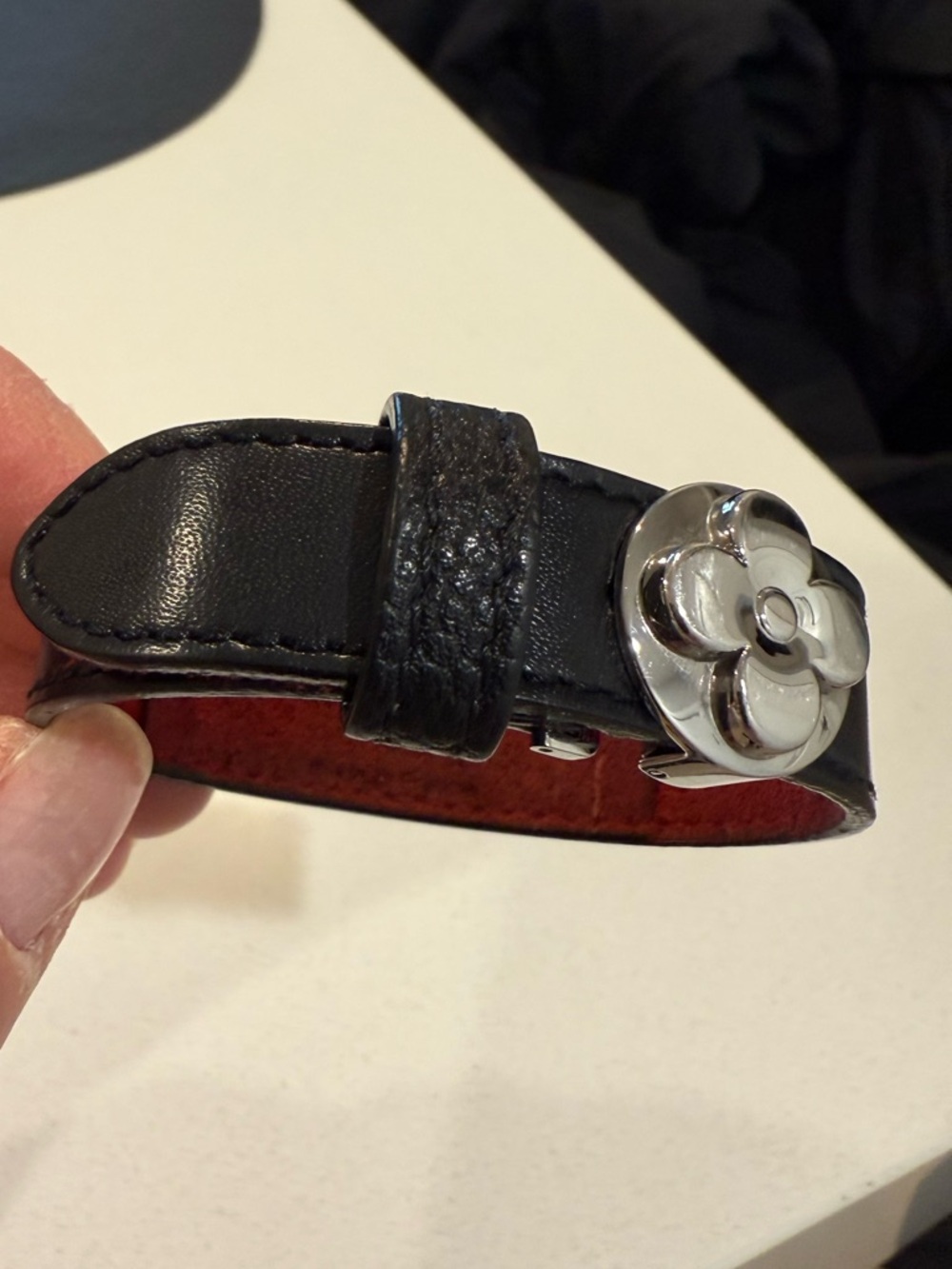 Louis Vuitton Black Leather Bracelet with Silver Flower Charm